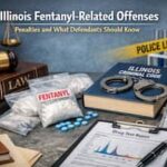 Illinois fentanyl-related offenses legal concept with gavel, law books, evidence bags, drug test report, and police tape
