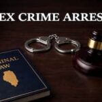 Sex crime arrest concept with handcuffs, gavel, and criminal law book on wooden desk