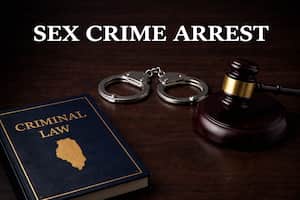 Sex crime arrest concept with handcuffs, gavel, and criminal law book on wooden desk