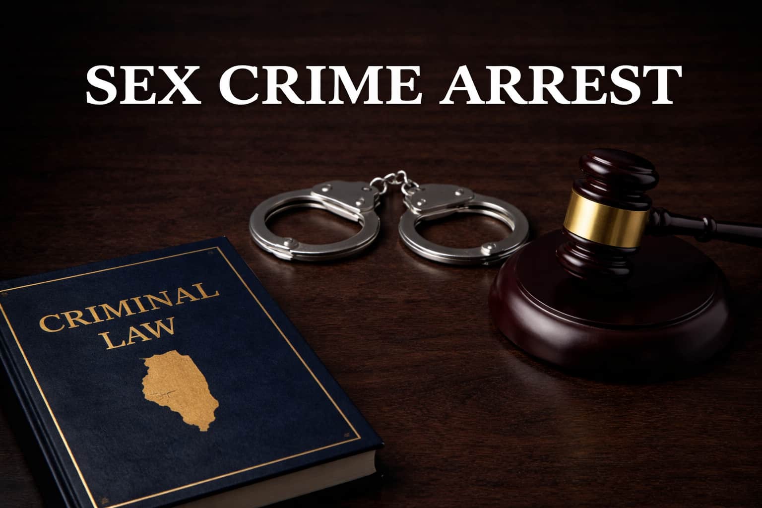 Sex crime arrest concept with handcuffs, gavel, and criminal law book on wooden desk